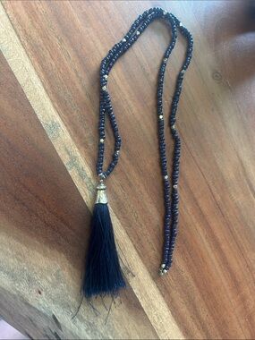Navy Beaded Tassel Necklace with Gold Accents -